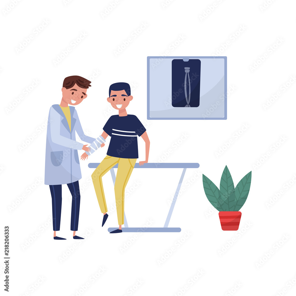 Male doctor traumatologist examining injured patient with broken arm in clinic, medical treatment and healthcare concept vector Illustration on a white background Male doctor traumatologist examining injured patient with broken arm in clinic, medical treatment and healthcare concept vector Illustration on a white background