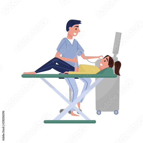 Male doctor doing ultrasonography to female patient, medical treatment and healthcare concept vector Illustration on a white background