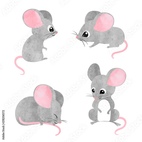 Set of cute little mice. Vector watercolor mouse collection.