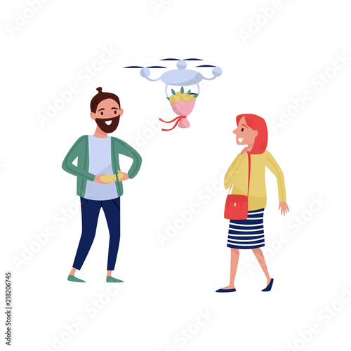 Man delivering flowers to a young woman using drone quadrocopter vector Illustration on a white background
