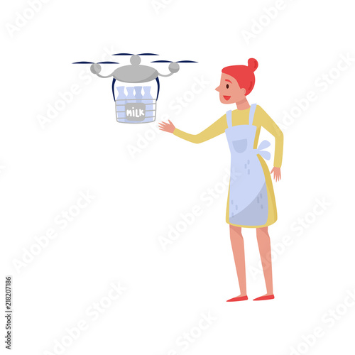 Drone quadrocopter delivering milk to a woman in white apron, fast delivery service vector Illustration on a white background