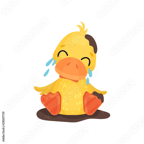 Cute little yellow duckling character sitting in a mud puddle and crying vector Illustration on a white background