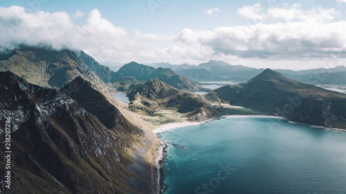 aerial of haukland beach in norway