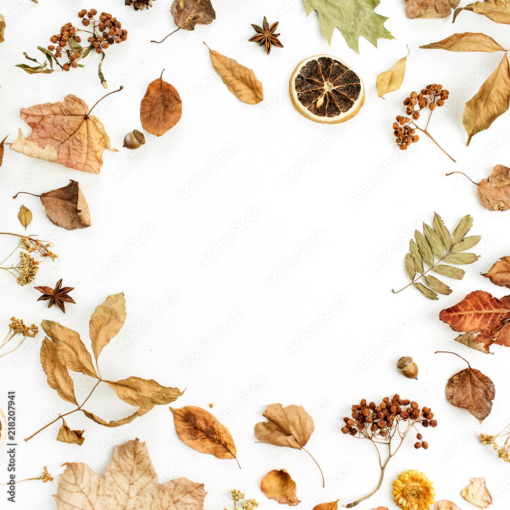 Fototapeta premium Frame of dry fall autumn leaves, petals and oranges on white background. Flat lay, top view seasonal concept.