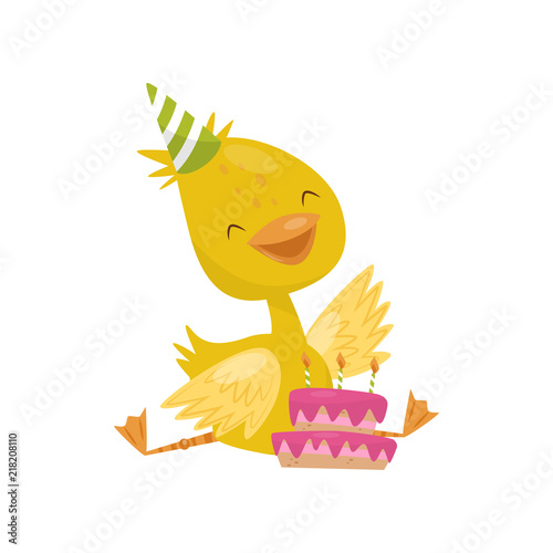 Happy smiling little yellow duckling character in party hat with birthday cake vector Illustration on a white background