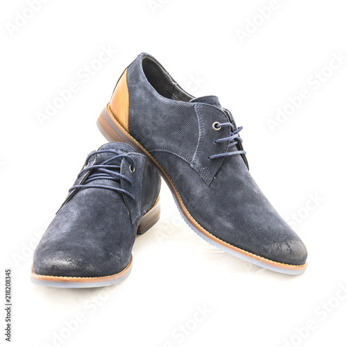 Studio shot top view brand new a pair set dark blue men blucher dress shoes isolated on white background. Formal dress code for man photo