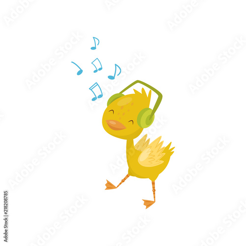Cute little yellow duckling character listening music in headphones vector Illustration on a white background