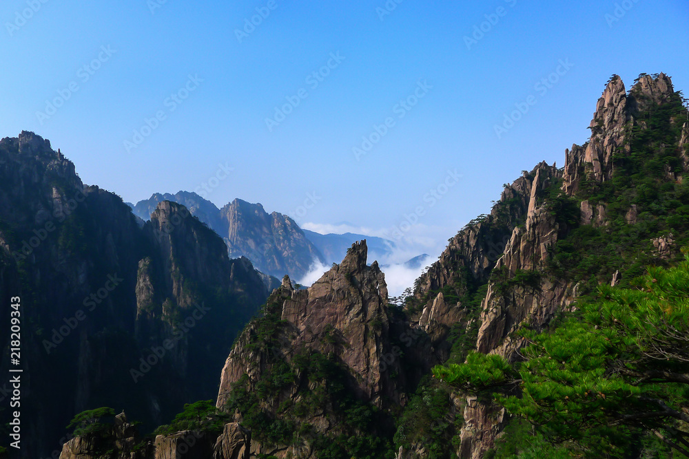 Pine Trees, High Mountains and The sea of clouds in Huangshan,China