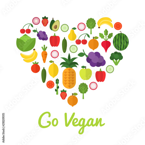 Healthy food concept. Go vegan design. Heart shape filled with collection of fresh healthy fruits and vegetables. Organic template. Vegetarian food. Vector illustration
