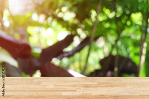 Empty wooden desk of free space and spring time with blurred background of home garden for a catering or food background,Template mock up for display montages of product.