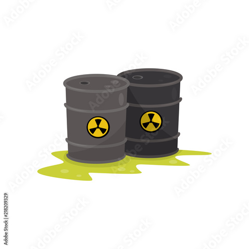 Two barrels with chemical radioactive waste, environmental pollution vector Illustration on a white background