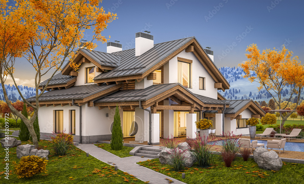 3d rendering of modern cozy house in chalet style with garage for sale or rent with large garden and lawn. Cool autumn evening with soft light from window