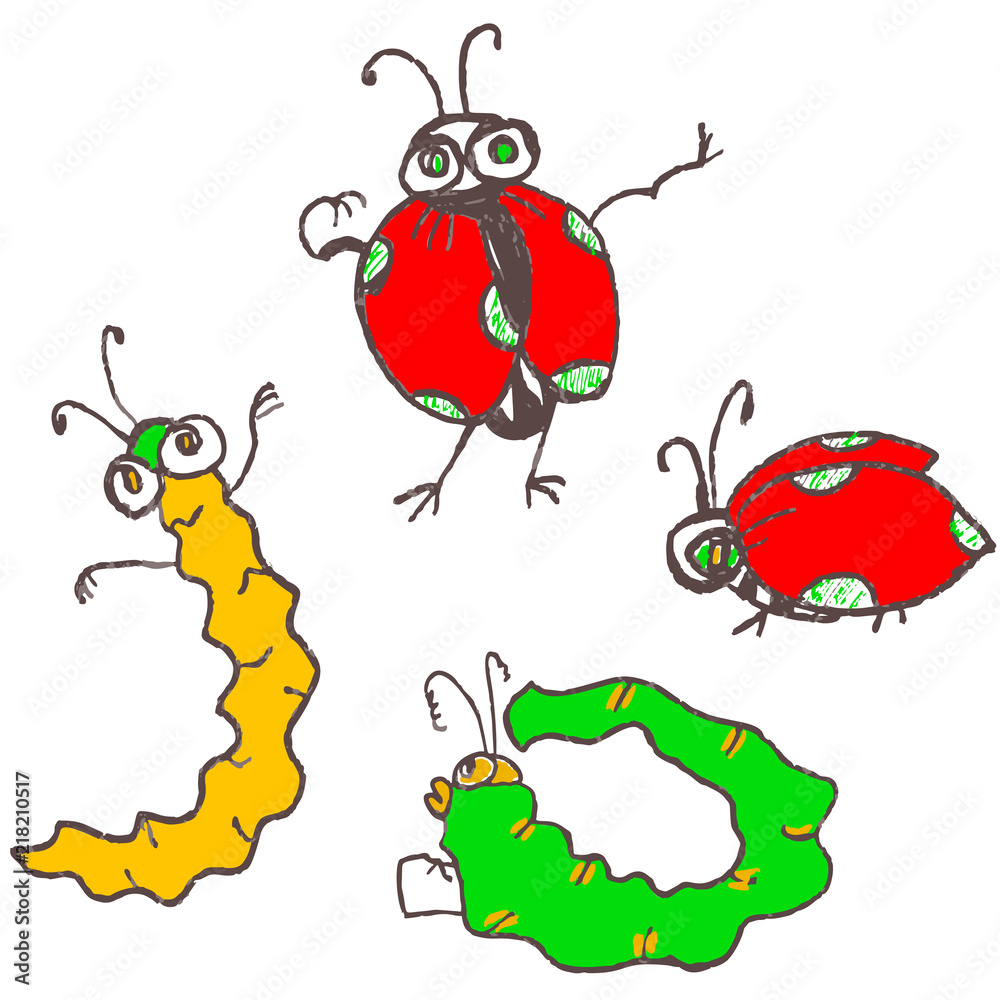 Dancing insects, party. Funny cartoon characters bugs. Insects  illustration, ladybug, caterpillar in red, yellow, green colors for design,  prints, covers, surface, t shirt, cards, posters, invitations Stock Vector  | Adobe Stock