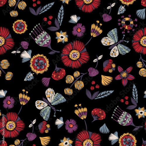 Wallpaper Mural Embroidery seamless pattern with simplified flowers and butterfly. Vector embroidered floral patch for print and fabric design. Torontodigital.ca