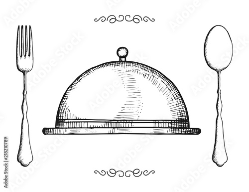 cutlery isolated vintage. objects set tray-plate fork and spoon