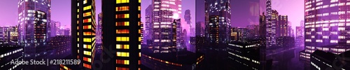 Beautiful panorama of the evening city. Modern city at sunset. 3D rendering 