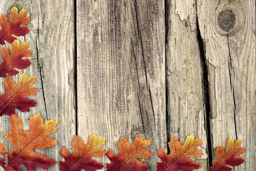 Autumn background concept- close up colorful leaves on the background of old brown boards and copy space.