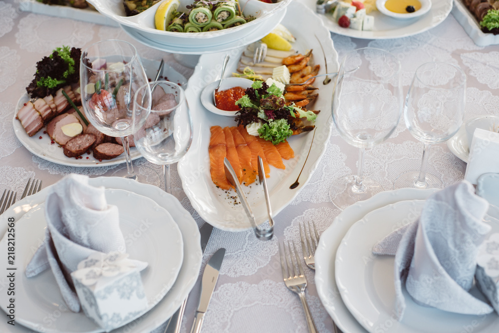 wedding or other festive table with different dishes
