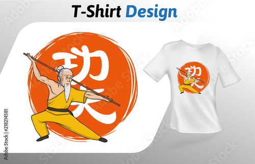 Kung fu master on Chinese kung fu hieroglyph t-shirt print. Colorful mock up t-shirt design template. Vector template, isolated on white background.