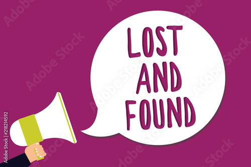 Word writing text Lost And Found. Business concept for Place where you can find forgotten things Search service Man holding megaphone loudspeaker speech bubble screaming purple background. photo