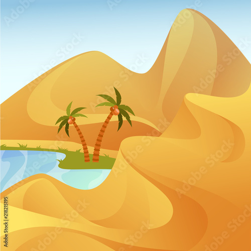 Oasis with palm trees at desert with sand hills