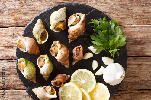 raw edible sea snails, whelks close-up and lemon, parsley, garlic on a slate board. horizontal top view from above