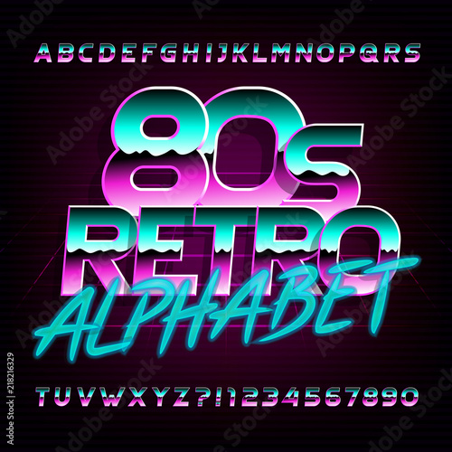 80s retro beveled alphabet font. Metallic effect bright colorful letters, numbers and symbols. Stock vector typeface.