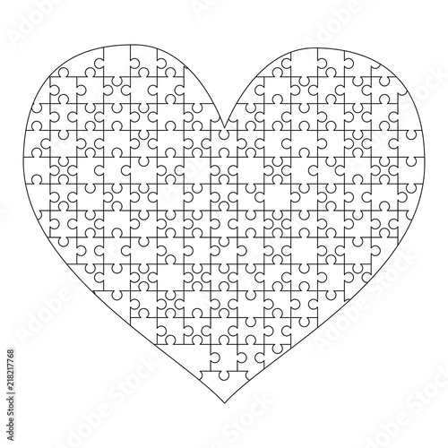 White puzzles pieces arranged in a heart shape. Medium Jigsaw Puzzle template ready for print. Cutting guidelines isolated on white