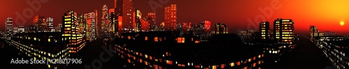 Beautiful panorama of the evening city. Modern city at sunset.  3D rendering  
