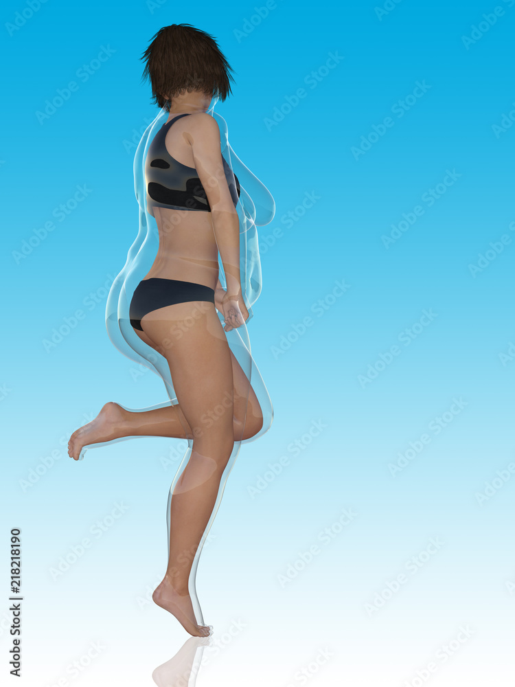 Conceptual fat overweight obese female vs slim fit healthy body after weight loss or diet with muscles thin young woman on blue. A fitness, nutrition or fatness obesity, health shape 3D illustration Conceptual fat overweight obese female vs slim fit healthy body after weight loss or diet with muscles thin young woman on blue. A fitness, nutrition or fatness obesity, health shape 3D illustration