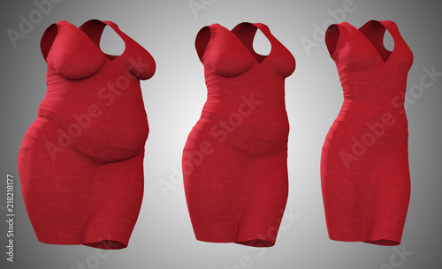 Fotografie Conceptual fat overweight obese female dress outfit vs slim fit healthy body after weight loss or diet thin young woman on gray