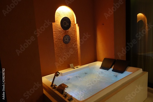 beautiful modern house in cement, interior, bathroom, moroccan style colour tone