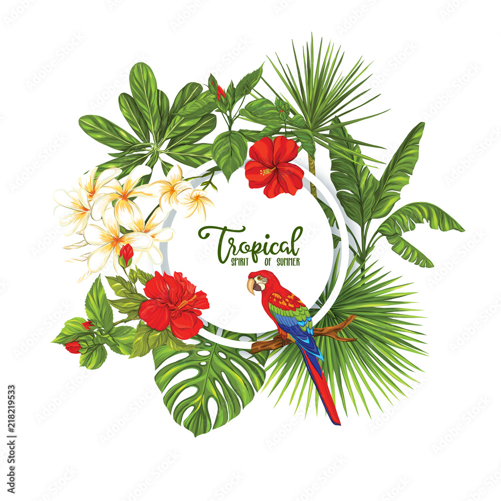 Naklejka premium Template of poster, banner, postcard with tropical flowers and plants and bird on white background. Stock vector illustration
