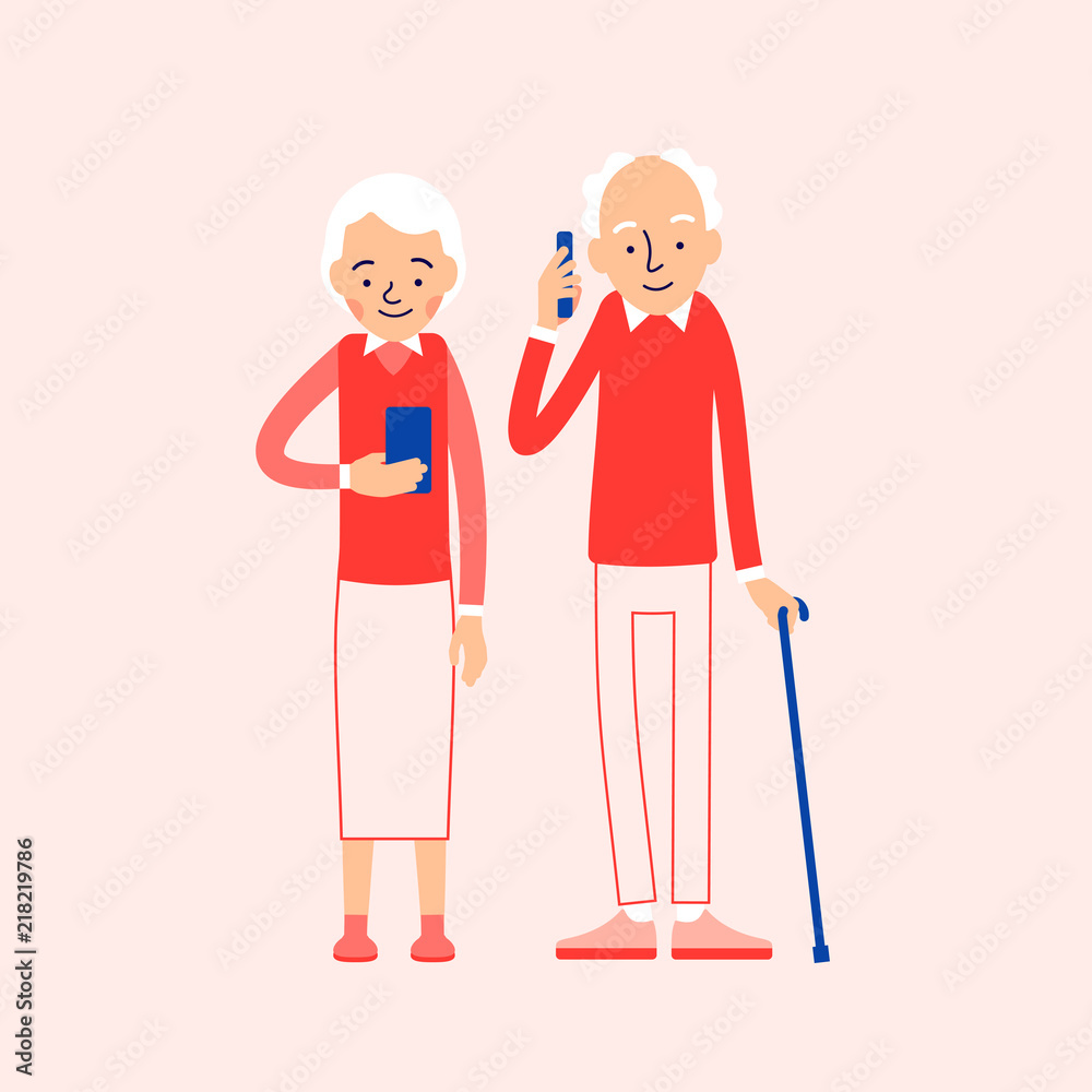 Old people with phone. Elderly persons, man and woman standing and holding  mobile phone. Cartoon illustration isolated on white background in flat  style Stock Vector | Adobe Stock
