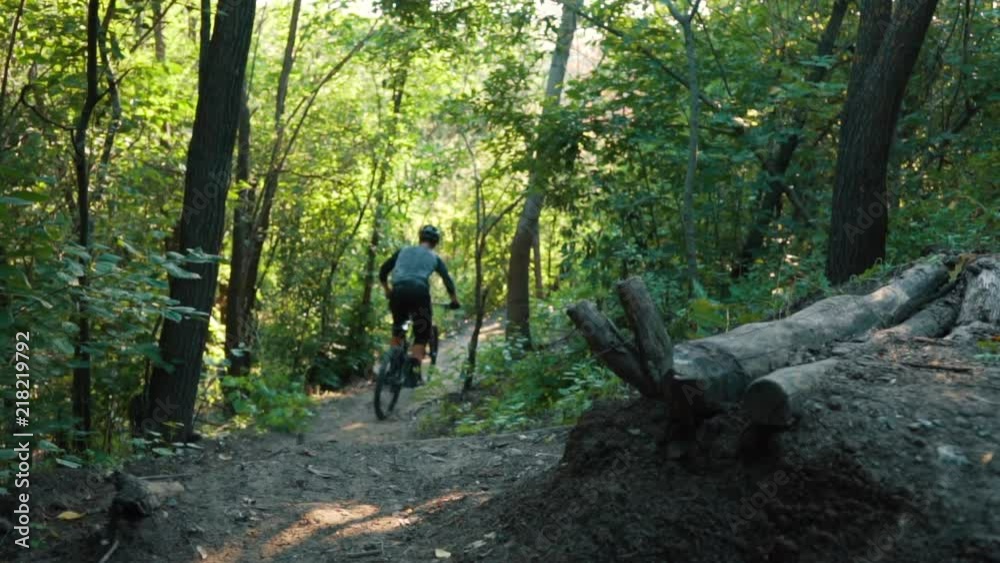 mountain biker rushes along road in forest, slow motion mountain biker rushes along road in forest, slow motion