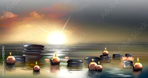 Wandbild mit Deko Steinen im Wasser und schwimmenden Kerzen