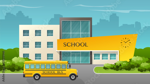 Flat style vector illustration of school building and bus.