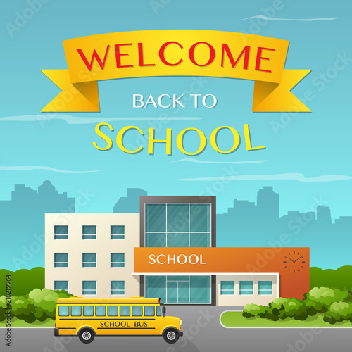 The school building of the bus and the school front garden in a flat style. Invitation to the new academic year.