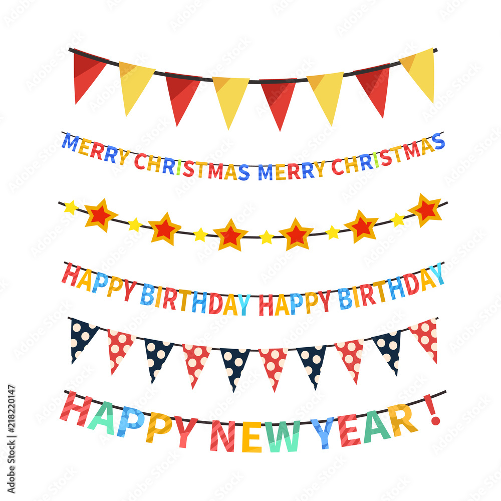 Set of bright colorful bunting and garlands on white Set of bright colorful bunting and garlands on white