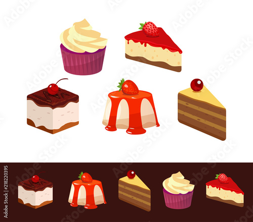 Set of Icons, Dessert Dishes, Vector Illustration isolated on white and black dark background