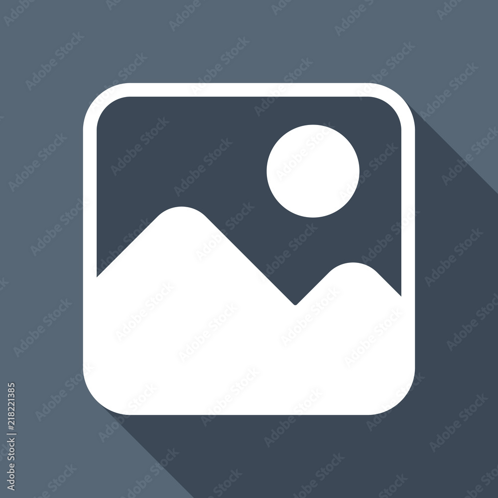 Simple picture icon. White flat icon with long shadow on backgro Simple picture icon. White flat icon with long shadow on backgro