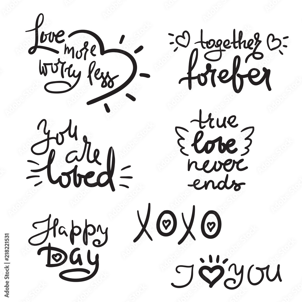 Valentine’s Day set with love text, heart. Template for Stickers, Greeting Scrapbooking, Congratulations, Invitations, t-shirt, cards, cups. Hand drawn beautiful lettering. Cute and funny vector sign Valentine’s Day set with love text, heart. Template for Stickers, Greeting Scrapbooking, Congratulations, Invitations, t-shirt, cards, cups. Hand drawn beautiful lettering. Cute and funny vector sign