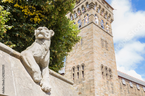 Canvas Print Animal sculpture Lynx on animal wall near the castle in Cardiff, Wales, UK