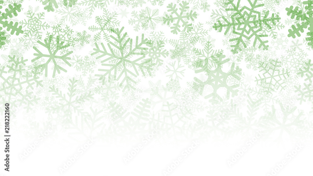 Christmas background of many layers of snowflakes of different shapes, sizes and transparency. Gradient from green to white Christmas background of many layers of snowflakes of different shapes, sizes and transparency. Gradient from green to white