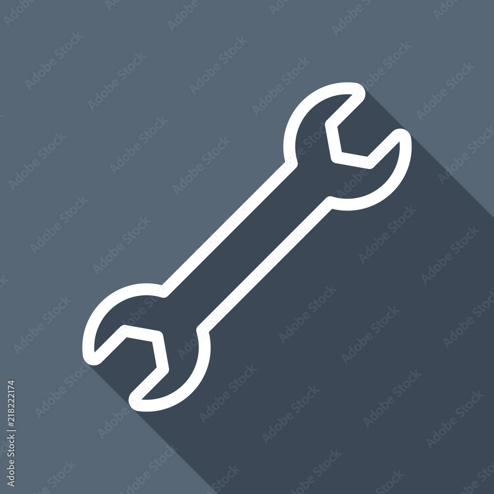 Wrench. Linear, thin outline. White flat icon with long shadow o Wrench. Linear, thin outline. White flat icon with long shadow o