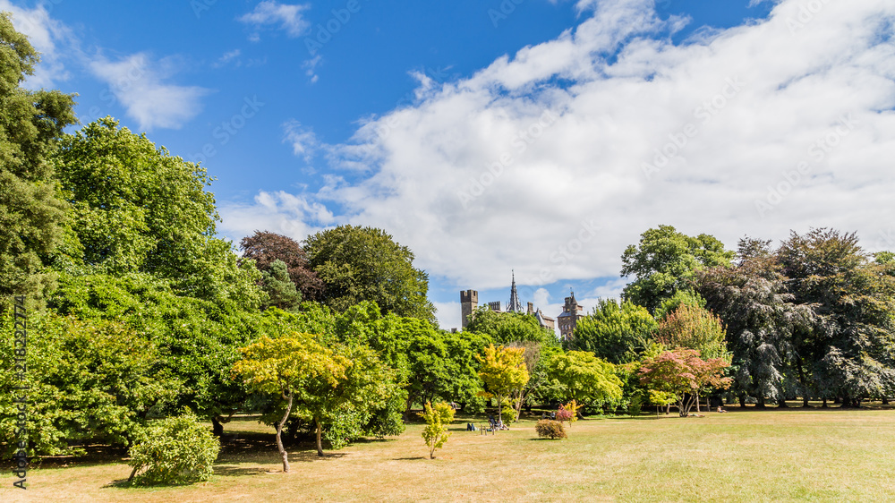 View on Cardiff castle from Bute park in the centre of Cardiff, Wales, UK View on Cardiff castle from Bute park in the centre of Cardiff, Wales, UK