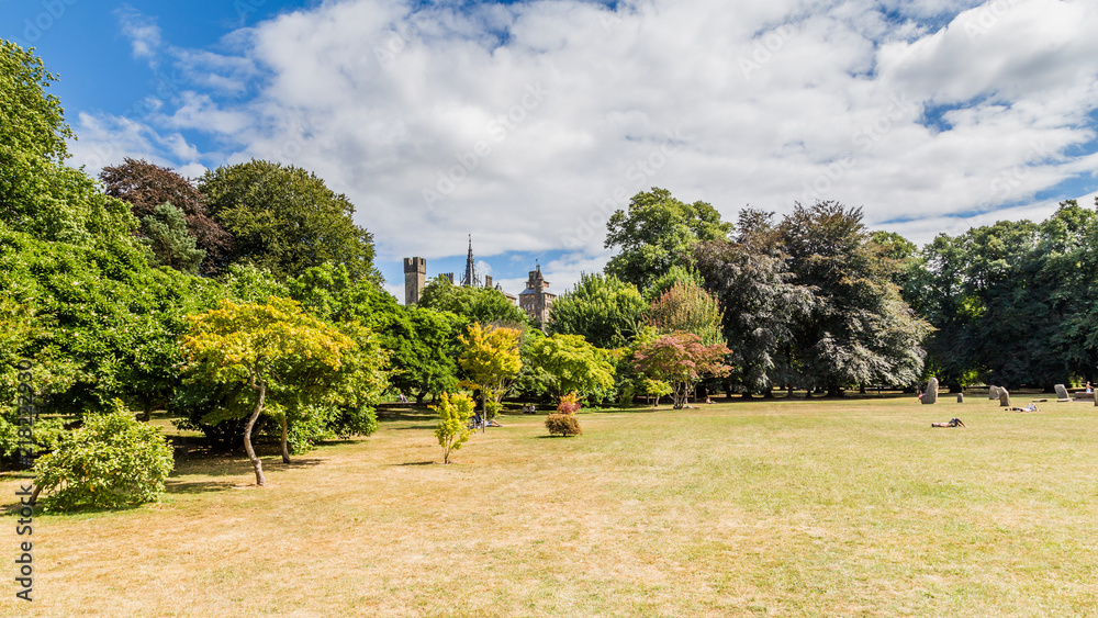 View on Cardiff castle from Bute park in the centre of Cardiff, Wales, UK View on Cardiff castle from Bute park in the centre of Cardiff, Wales, UK