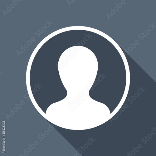 Profile, person in circle. White flat icon with long shadow on b