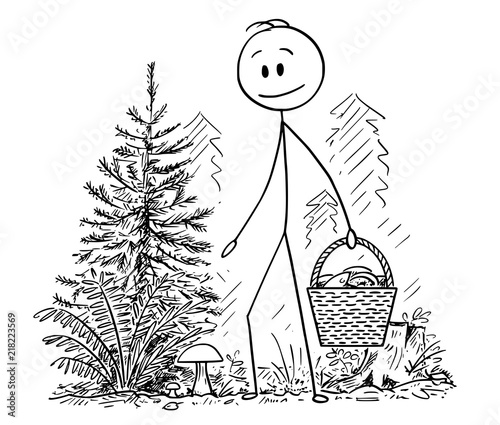 Cartoon stick drawing conceptual illustration of man picking eatable bolote mushroom in forest and holding full basket of mushrooms.
