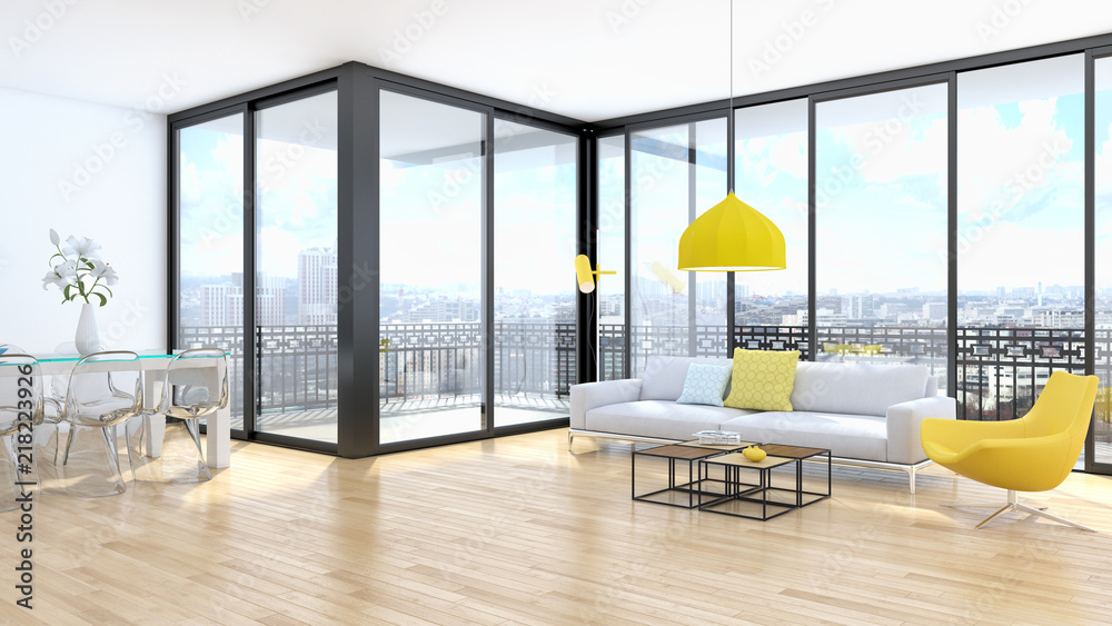 modern bright interiors apartment Living room 3D rendering illustration - obrazy, fototapety, plakaty 